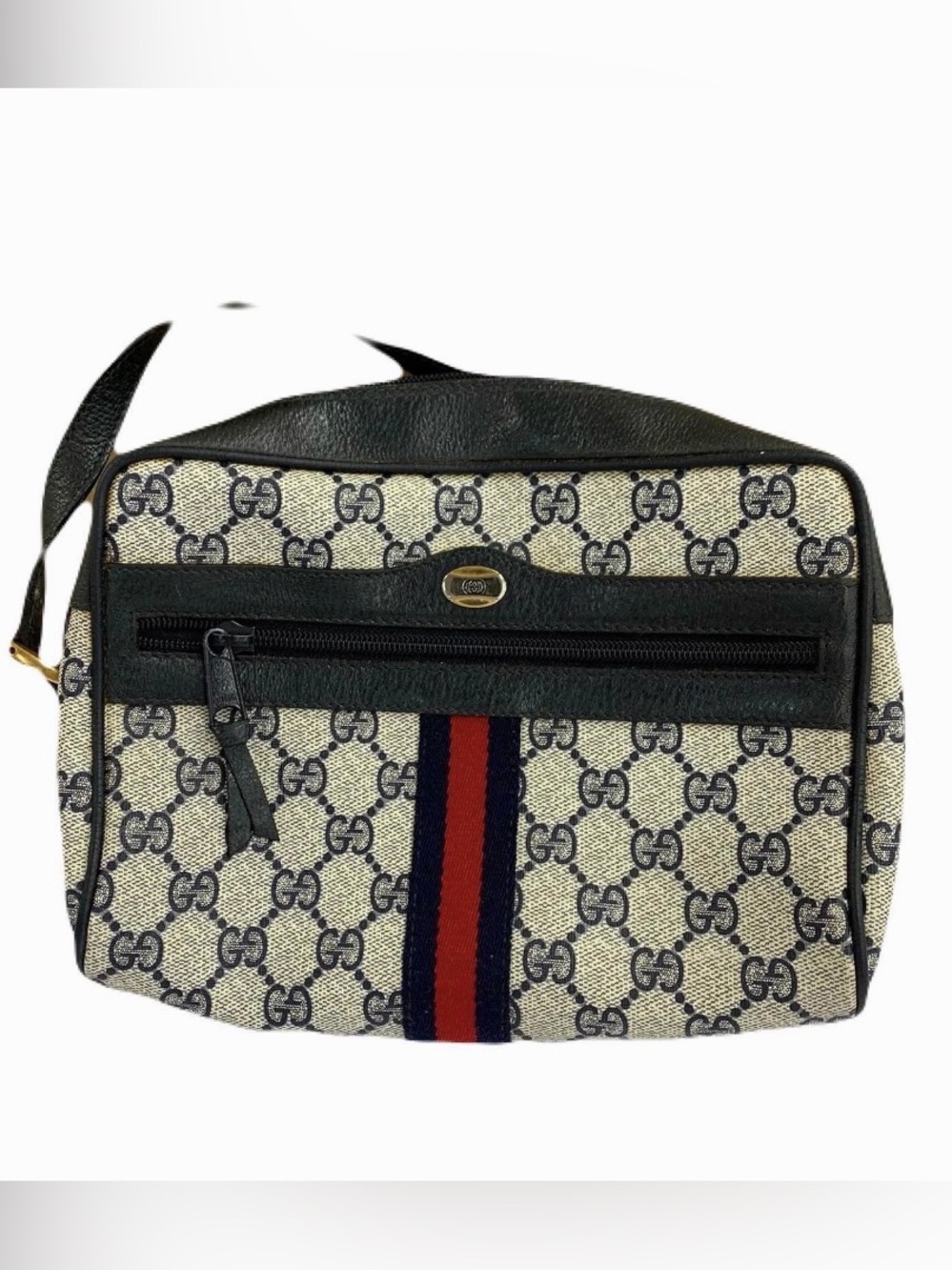 Gucci Sherryline GG Canvas Crossbody Bag with Black Leather & Red-Blue Stripe